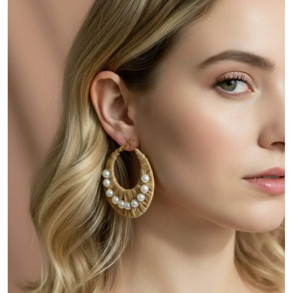 NWT By The Bay Rafia Hoop Pearls Earrings Boho Chic Coastal Resort Beachy